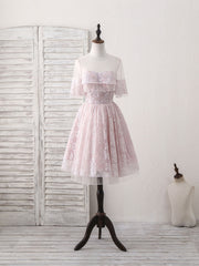 Party Dress Quick, Pink Round Neck Lace Tulle Short Prom Dress, Pink Homecoming Dress