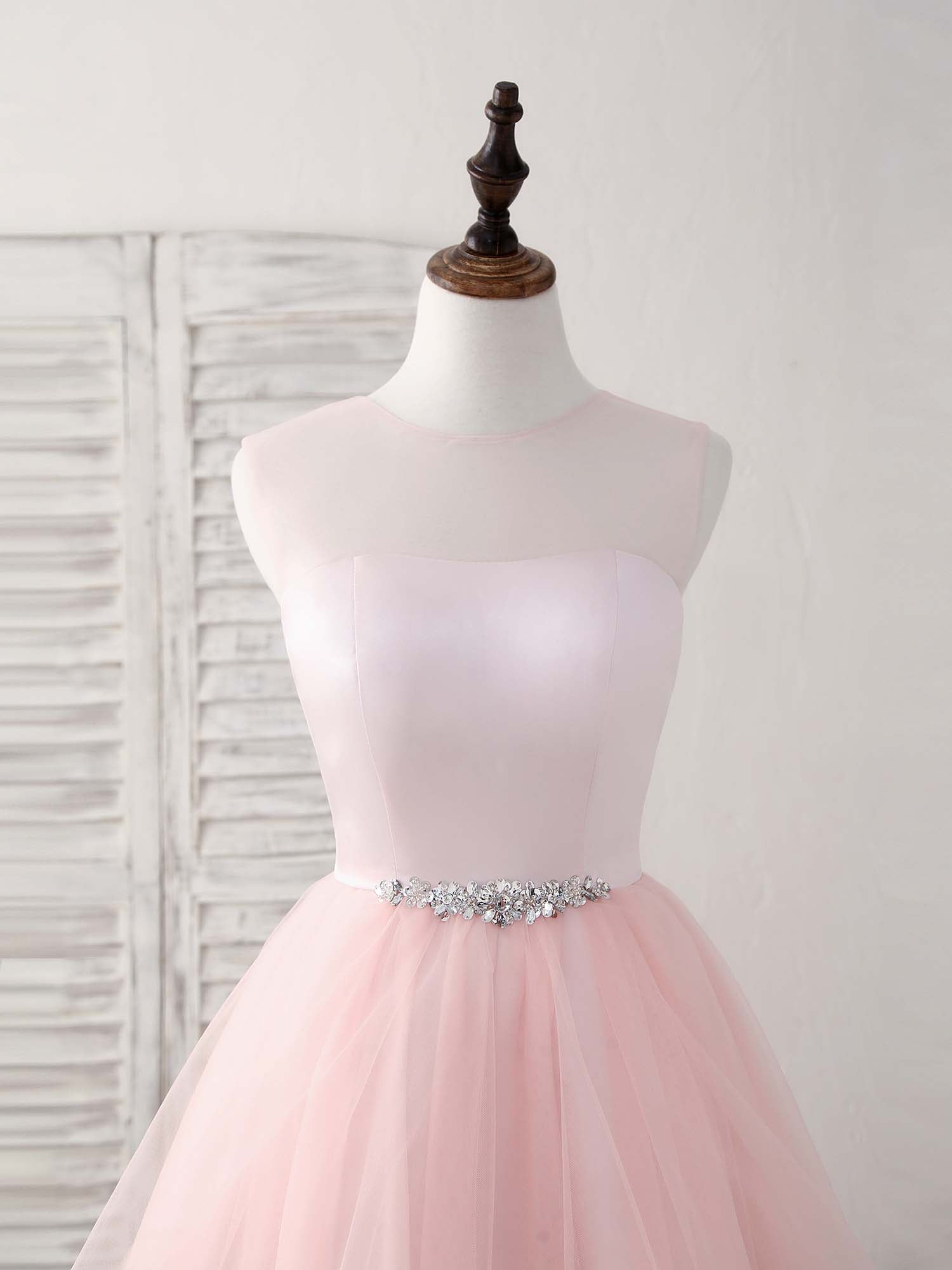 Yellow Dress, Pink Round Neck Tulle Pink Short Prom Dress Pink Homecoming Dress