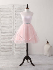 Floral Prom Dress, Pink Round Neck Tulle Pink Short Prom Dress Pink Homecoming Dress