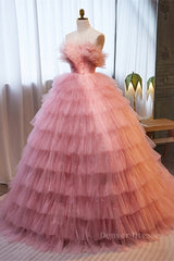 Homecoming Dresses Tight, Pink Ruffled Strapless A-line Multi-Layers Long Prom Dress