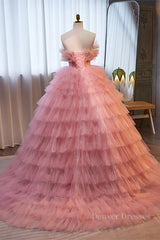 Homecoming Dresses 2045, Pink Ruffled Strapless A-line Multi-Layers Long Prom Dress