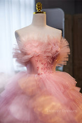 Homecoming Dresses Short Prom, Pink Ruffled Strapless A-line Multi-Layers Long Prom Dress