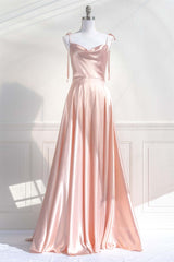 Formal Dress Vintage, Pink Satin Bow Tie Straps A-line Cowl Neck Long Prom Dress