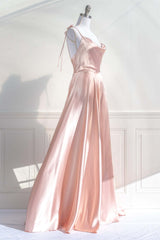 Formal Dress For Teen, Pink Satin Bow Tie Straps A-line Cowl Neck Long Prom Dress