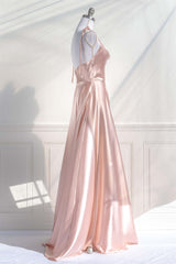 Formal Dresses For Teen, Pink Satin Bow Tie Straps A-line Cowl Neck Long Prom Dress