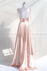 Formal Dress For Teens, Pink Satin Bow Tie Straps A-line Cowl Neck Long Prom Dress