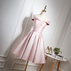Prom Dresses Off Shoulder, Pink Satin Knee Length Homecoming Dress, Off the Shoulder Homecoming Dress