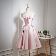 Prom Dress Off Shoulder, Pink Satin Knee Length Homecoming Dress, Off the Shoulder Homecoming Dress
