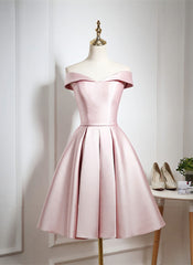 Prom Dress Floral, Pink Satin Knee Length Homecoming Dress, Off the Shoulder Homecoming Dress