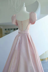 Party Outfit Night, Pink Satin Long Prom Dress, A-Line Evening Dress with Bow