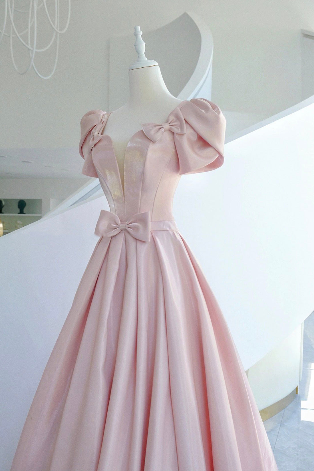 Party Dress Code Man, Pink Satin Long Prom Dress, A-Line Evening Dress with Bow