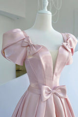 Corset Prom Dress, Pink Satin Long Prom Dress, A-Line Evening Dress with Bow