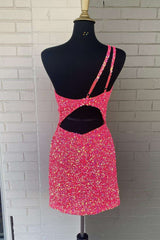 Maxi Dress, Pink Sequin One Shoulder Cutout Homecoming Dress Gala Dresses Short
