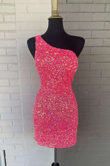 Gown, Pink Sequin One Shoulder Cutout Homecoming Dress Gala Dresses Short