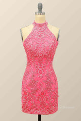 Prom Dress 2046, Pink Sheath Halter Sequin-Embroidered Cut-Out Mini Homecoming Dress