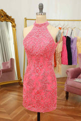 Prom Dresses 2053, Pink Sheath Halter Sequin-Embroidered Cut-Out Mini Homecoming Dress
