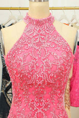 Prom Dresses Long Elegant, Pink Sheath Halter Sequin-Embroidered Cut-Out Mini Homecoming Dress