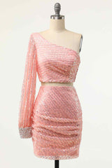 Homecoming Dress Online, Pink Sheath One Shoulder Long Sleeve Two-Piece Mini Homecoming Dress