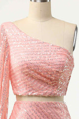 Homecoming Dress Elegant, Pink Sheath One Shoulder Long Sleeve Two-Piece Mini Homecoming Dress