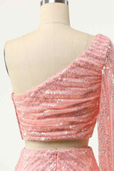 Homecoming Dresses Elegant, Pink Sheath One Shoulder Long Sleeve Two-Piece Mini Homecoming Dress