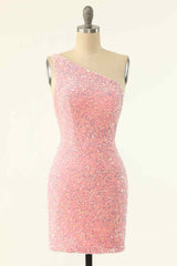 Prom Dresses Styles, Pink Sheath One Shoulder Strap Back Sequins Mini Homecoming Dress