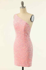 Prom Dresses On Sale, Pink Sheath One Shoulder Strap Back Sequins Mini Homecoming Dress
