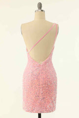 Prom Dress 2051, Pink Sheath One Shoulder Strap Back Sequins Mini Homecoming Dress
