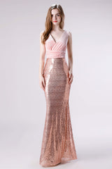 Bridesmaid Dress Idea, Pink Shimmery Sequin Lace Prom Dresses