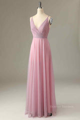 Homecoming Dresses Fashion Outfits, Pink Sparkly A-line V Neck Pleated Long Bridesmaid Dress
