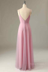 Homecoming Dresses Pretty, Pink Sparkly A-line V Neck Pleated Long Bridesmaid Dress