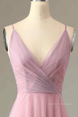 Homecoming Dress Pretty, Pink Sparkly A-line V Neck Pleated Long Bridesmaid Dress