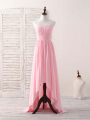 Evening Dress Gold, Pink Sweetheart Neck Chiffon High Low Prom Dress, Bridesmaid Dress