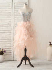 Prom Dresses Cheap, Pink Sweetheart Neck Rhinestones Organza Prom Dress Pink Homecoming Dresses