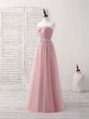 Formal Dress For Beach Wedding, Pink Sweetheart Neck Tulle Long Prom Dress, Aline Pink Bridesmaid Dress