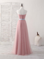 Formal Dresses Modest, Pink Sweetheart Neck Tulle Long Prom Dress, Aline Pink Bridesmaid Dress