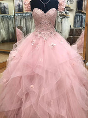 Bridesmaid Dress Shopping, Pink Sweetheart Tulle Long Prom Dress,Ball Gown sweet 16 dresses,Princess Quinceanera Dresses