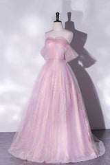 Pink Tulle and Sequins Sweetheart Long Party Dress, A-line Pink Prom Dress