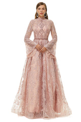 Bridesmaid Dress Website, Pink Tulle Appliques High Neck Long Sleeve Beading Prom Dresses