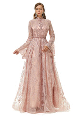 Bridesmaid Dresses In Store, Pink Tulle Appliques High Neck Long Sleeve Beading Prom Dresses
