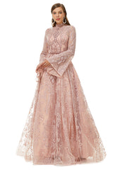 Bridesmaid Dresses Custom, Pink Tulle Appliques High Neck Long Sleeve Beading Prom Dresses