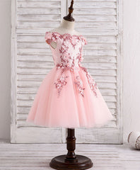 Prom Dress A Line, Pink Tulle Lace Applique Short Flower Girl Dresses