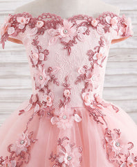 Prom Dressed A Line, Pink Tulle Lace Applique Short Flower Girl Dresses