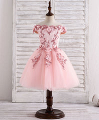 Prom Dress Spring, Pink Tulle Lace Applique Short Flower Girl Dresses