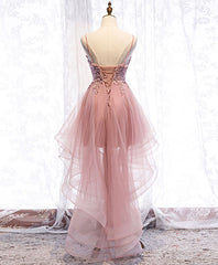 Engagement Photo, Pink Tulle Lace High Low Prom Dress, Pink Homecoming Dress