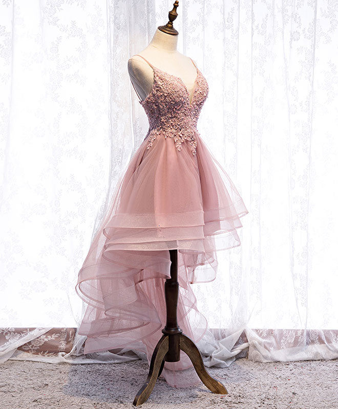 Bridesmaid Dress Black, Pink Tulle Lace High Low Prom Dress, Pink Homecoming Dress