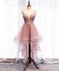 Bridesmaid Dresses Blushing Pink, Pink Tulle Lace High Low Prom Dress, Pink Homecoming Dress