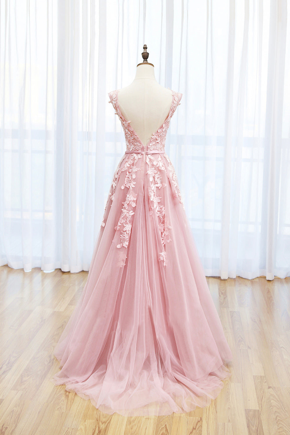 Evening Dresses Long, Pink Tulle Lace Long Prom Dress, Lovely A-Line Open Back Evening Dress