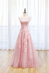Semi Dress, Pink Tulle Lace Long Prom Dress, Lovely A-Line Open Back Evening Dress