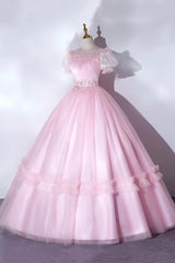 Dream Wedding, Pink Tulle Lace Long Prom Dress, Lovely A-Line Short Sleeve Evening Dress