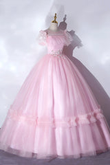 Bridesmaids Dress Modest, Pink Tulle Lace Long Prom Dress, Lovely A-Line Short Sleeve Evening Dress